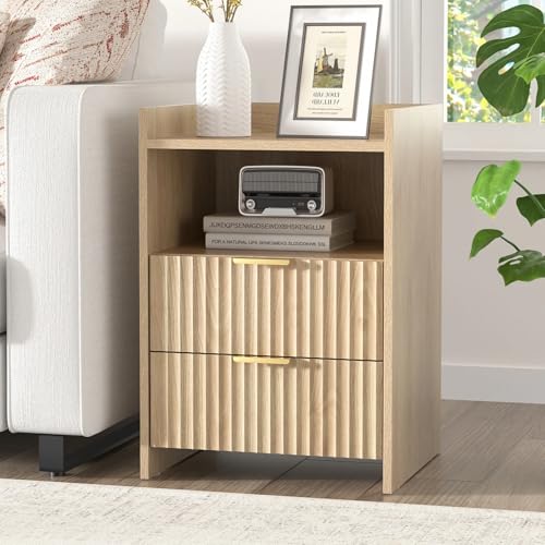 Skokliz Geriffelter Nachttisch mit 2 Schubladen, Nachttisch fürs Schlafzimmer, moderner Landhausstil, Beistelltisch aus Naturholz fürs Wohnzimmer, Wohnzimmer und kleine Räume, Schwarz