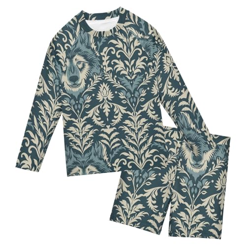 Traje de baño de dos piezas infantil con diseño de lobo verde azulado y manga larga