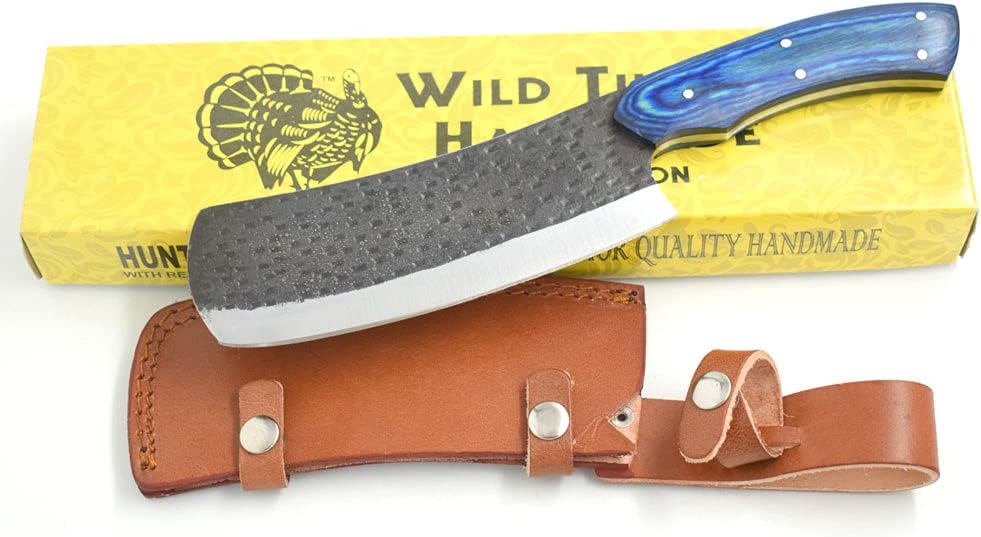 Wild Turkey Handmade High Carbon Steel Collection Full Tang Fixed Blade Chopper Knife w/Leather Sheath (Blue)