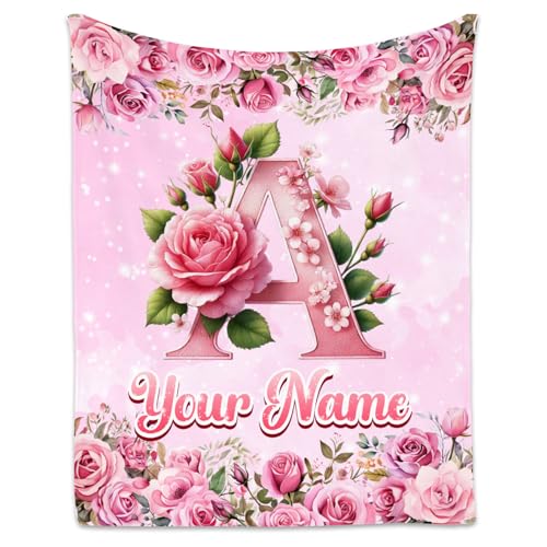 Personalized Flower Blanket - Custom Initial Blanket Gift for Kids - Customized Girls Gifts - Soft Cozy Throw Blankets for Living Room Sofa
