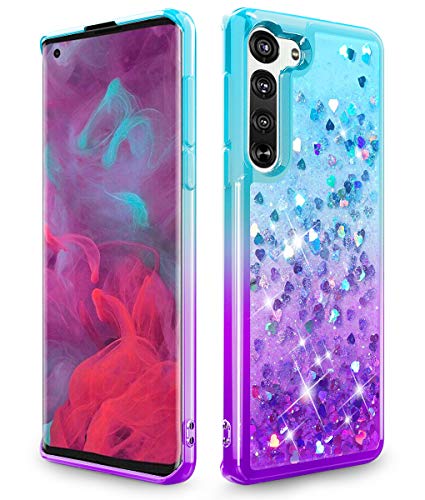 Dzxouui for Moto Edge 5G Case (Not Moto Edge Plus) Girls and Women TPU Clear Moving Quicksand Glitter Protective Cover Sparkle Cute Phone Cases for Motorola Moto Edge 5G(Teal/Purple)