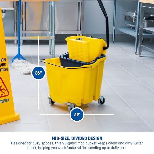 Image of Carlisle FoodService Products Omnifit Mop Bucket with Side Press Wringer and Soiled Water Insert for Floor Cleaning, Kitchens, Restaurants, And Janitorial Use, Polypropylene (Pp), 35 Quarts, Brown