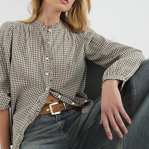 Women's Long Puff Sleeve Button Down Shirts Casual Loose Fit Cotton Blouses2