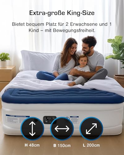 Active Era Luxus Luftbett 2 Personen, Luftmatratze selbstaufblasend mit eingebauter elektrischer Pumpe & integriertem Kissen, Aufblasbare Matratze für Camping & Gästebett - 203 x 152 x 56cm – Bild 6