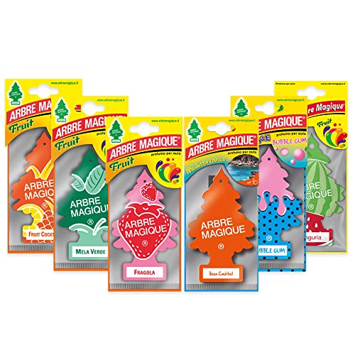 Arbre Magique Mono Parfum de voiture, Variety Pack 9, Fruit Cocktail + Pomme Vert + Fraise + Ibiza Cocktail + Bubble Gum + Pastèque, durée jusqu'à 7 semaines, fabriqué en Italie, lot de 6 pièces