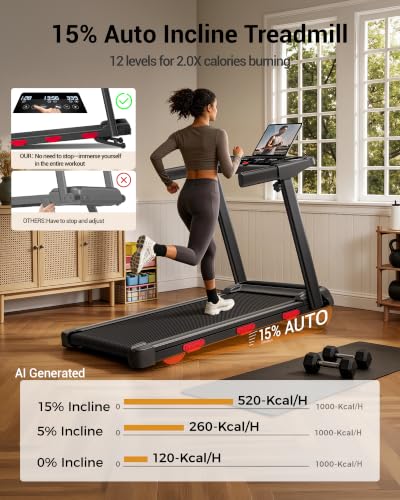 Image of LONTEK 15% Auto Incline Treadmills for Home, 10S Folds Away Portable Treadmill with Led Screen & Handle Bar Up to 300LBS Capacity, 3.0HP 7-Layer Shock-Absorbing Walking Pad Treadmill 0.6-7.2MPH