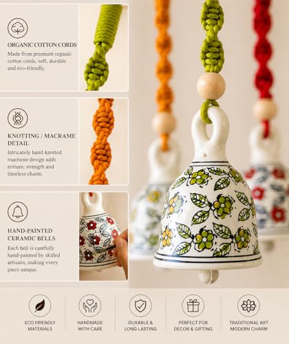 Image of Kaameri Bazaar Multicolor Handmade Macrame Hanging Ornament | Boho Home Office Decoration Ceramic Ringing Bells with Hooks | Set of 5