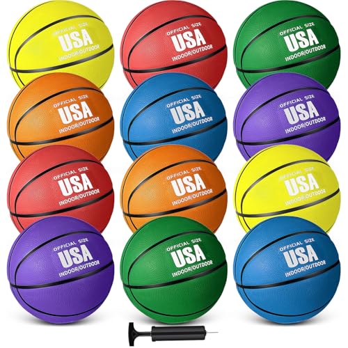 Libima 12 Pcs Rubber Basketballs Bulk with Pump Official Size Multicolor Basket Balls Streetballs Set for Kids Youth Adult Sports Gifts Indoor Outdoor Training Games Back to School(Size 7, 29.5'')