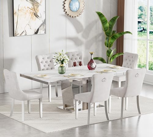 Image of White Faux Marble Extendable Dining Table Set for 6 Mirrored Base | 63 inch-94 inch Mirrored Pedestal Dining Set with 6 Velvet Chair,Modern Large Expandable Kitchen Table Set for Dining Room Gathering
