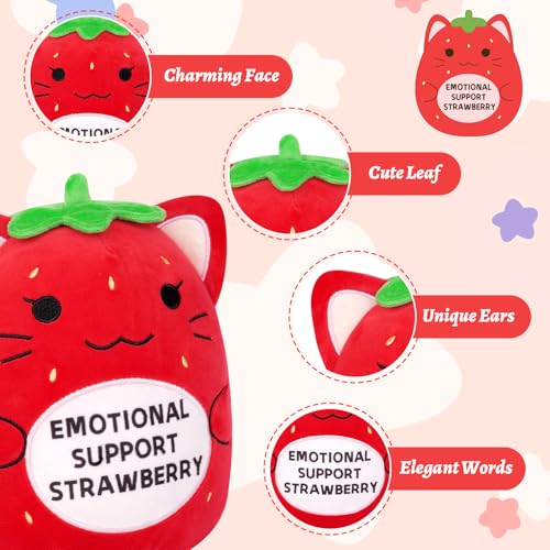 Image of Emotional Support Plush Strawberry Cat with Emotional Support Strawberry | Cute 8in Cat Stuffed Animal Soft Strawberry Plush Toy Positive Gifts for Kids,Men,Women