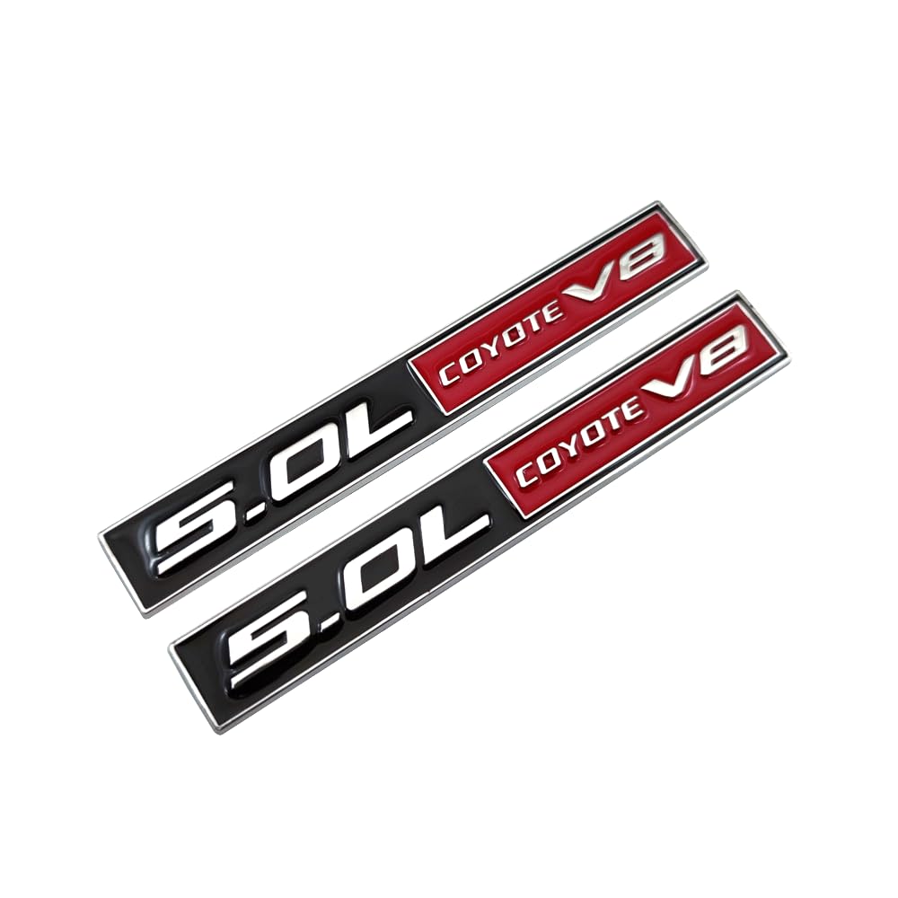 2Pcs Metal 5.0L Coyote V8 Logo Emblem Turbo Sport 5.0 Engine Car Rear Lid Trunk Fender Badge GT 3D Sticker Decal (Silver Black Red)