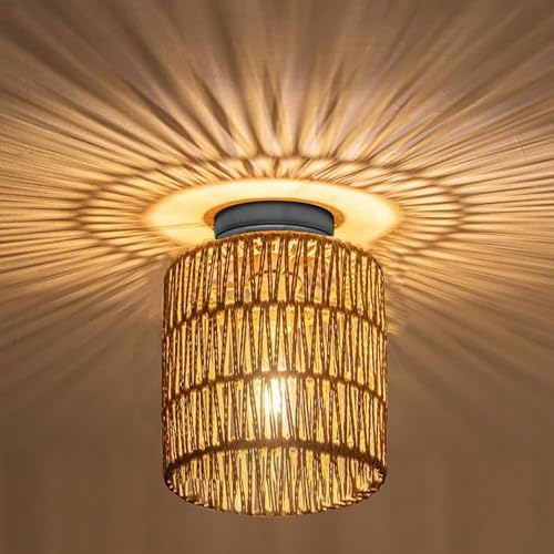 Image of Handwoven Rope Flush Mount Ceiling Light with Metal Frame, Boho Farmhouse Ceiling Lamp, Rustic Jute Hanging Light Fixture for Living Room, Bedroom, Hallway, Balcony, E27 Bulb Holder