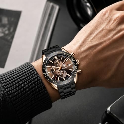 Image of BENYAR Men's Watches Chronograph Watch for Men Multifunction Black Waterproof Sport Fashion Quartz Wristwatches Calendar with Stainless Steel Strap