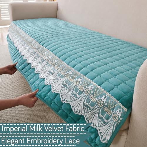 Image of HOKIPO 'BelleLace Series' 5 Seater Sofa Cover Mat in 3+2 Seater Combination | Imperial Milk Velvet with Anti Slip Backing, Teal (AR-5966+5964-TEAL)