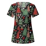 Sizoer ChristmasKasacks Damen Pflege Krankenhaus Schlupfjacke V-Neck Kurzarm Schlupfhemd Berufskleidung Krankenpfleger Uniformen Schlupfhemd T-Shirt Berufskleidung Krankenpflege Uniform