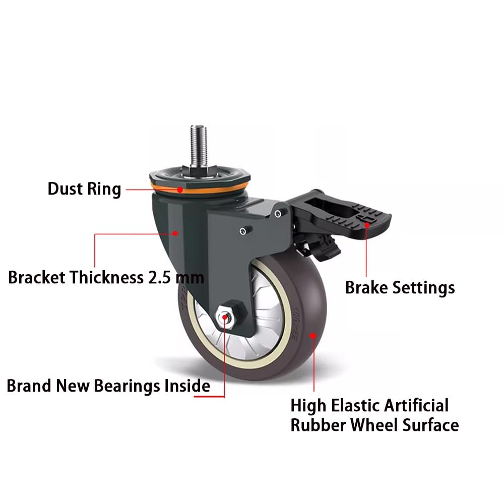 Stelo Filettato Ruote M10/M14, Ruote in Gomma 3 Pollice, Ruote Pivottanti Pesanti con Freni per Banco da Lavoro, Carrelli, 4 Pezzi(with Brake,M10x30)