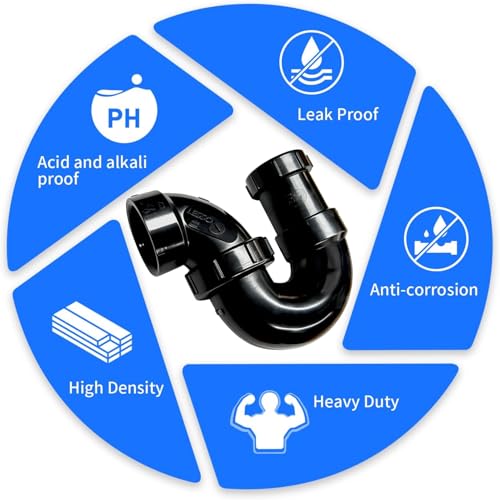 Image of LESSO ABS Adjustable P Trap 1 1 /2 Inch, for RV Drain Bathroom Kitchen Sink | Drain Pipe, Tubular Kit, White Threaded Adapter Ring, DWV Black (HUB x SJ)