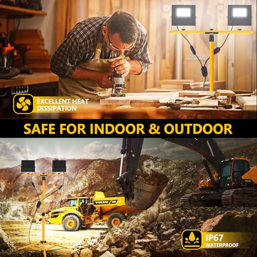 24000 Lumen Work Lights with Stand, 2 Adjustable Head LED Work Light with Adjustable and Foldable Tripod Stand, IP67 Waterproof Lamp Individual Switch with 16FT Cord for Outdoor Construction Lighting - image 4