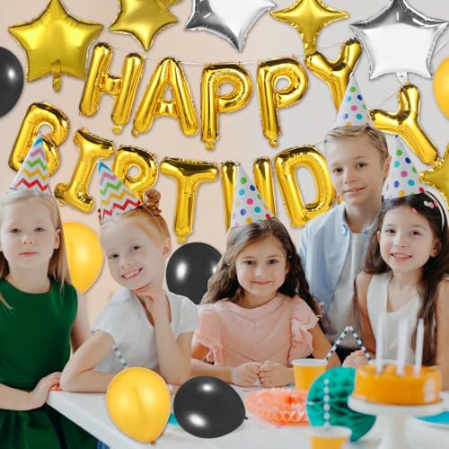 Image of Happy Birthday Banner 13pcs 16 Inch Mylar Foil Letters with 2 Pack Curtain Party Backdrop 32pcs Latex Balloon Birthday Party Decorations Party Decor Supplies for Kids and Adults (Gold)