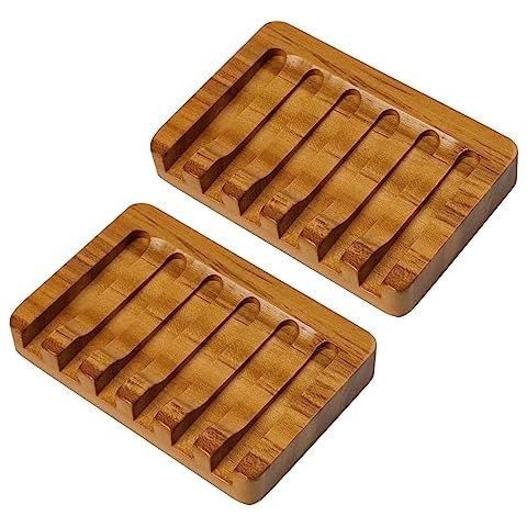 SAMEBUTECO Teak Wooden Soap Holder - 2 Pack, Self Draining Tray, Waterfall Drain, Soap Saver for Bathroom Shower and Bar Soap with Gift Box Cover