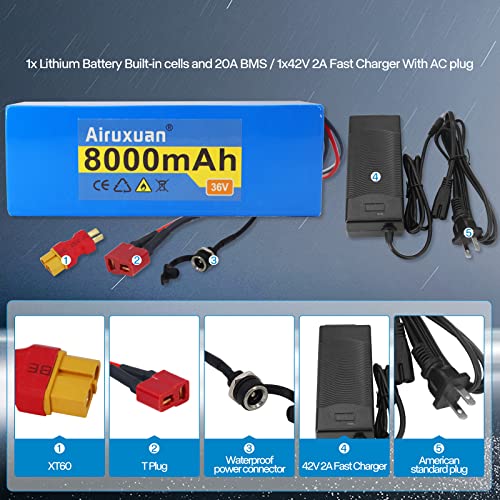 Image of 36V Ebike Battery 8Ah 36V Lithium Battery with 2A Charger, T-Plug, XT60 Connector and BMS for 250-1000W Electric Bicycles Motor /Ebike Kit