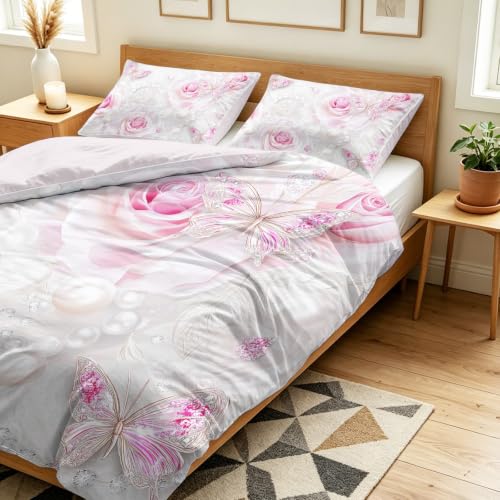 Housse de couette 200x200 fleurs et papillons avec 2 taies d'oreiller - 4