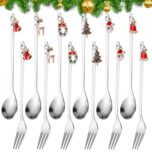 Cucchiaini Da Caffè Di Natale,12 Pezzi Cucchiai Natalizi Con Ciondolo,Cucchiaio Di Natale In Acciaio Inossidabile,Cucchiai Di Natale In Acciaio Inox Per Dessert,Caffè,Decorazioni Natalizie