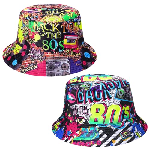 Halinuia 2 Stücke Retro 80er/90er Fischerhüte Hip Hop Bucket Hat Rock Scrawl Fischerhut Modische Bucket Hat Anglerhut Sonnenhut Faltbar 80er/90er Style Fishing Hut für Frauen Männer (Mehrfarbig-80er)