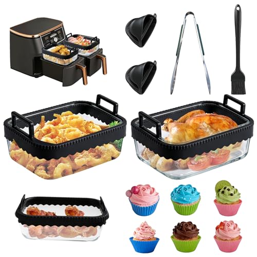 2 Stück Glas Auflaufform Airfryer Zubehör für Ninja AF400EU/AF500EU/DZ400EU Borosilikatglas Backform mit Silikongriffen Spülmaschinenfeste Glasauflaufform inkl. Grillzange & Silikonbürste (Schwarz)