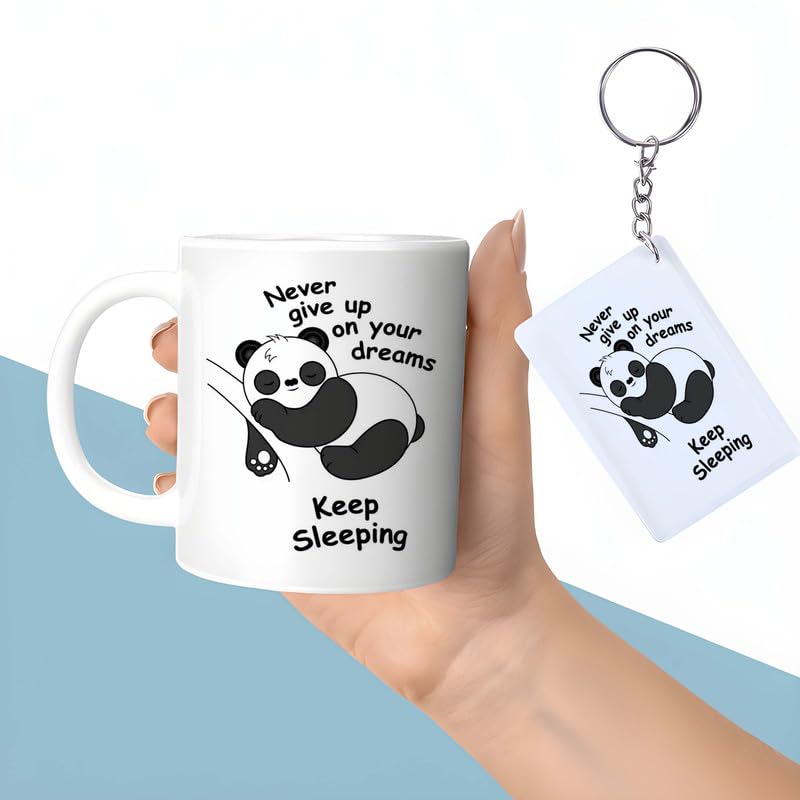 Funny Lazy Panda Mug and Keychain Set - Never Give Up on Your Dreams, Keep Sleeping Gift for Sleepyheads and Students