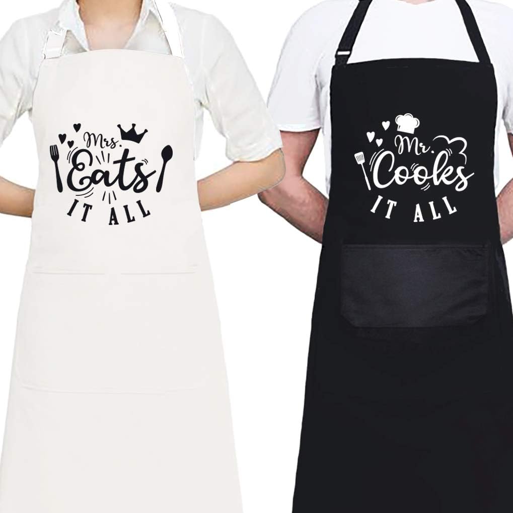 VPERP Ihopes Funny Mr Mrs Apron Set - Mr Cooks It All & Mrs Eats It All Kitchen Chef Apron Set Couples Present for Engagement/Wedding/Bridal Shower/Anniversary/Newly Married Couple (2-Piece)