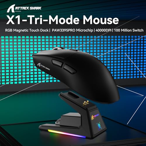 Image of ATTACK SHARK X1 Superlight Wireless Gaming Mouse with RGB Magnetic Charging Dock, BT /2.4G Wireless /Wired Gaming Mouse, PAW3395PRO Gaming Sensor, 40000DPI, 53g Office Mice for PC /Mac /Win /Xbox (Black)