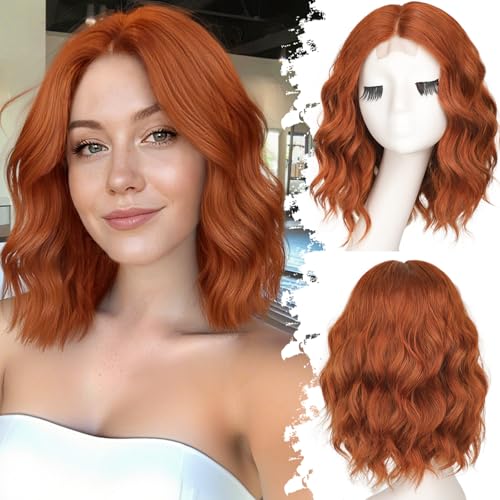 Eawwii Copper Short Wavy Wig for Women Lace Hairline...