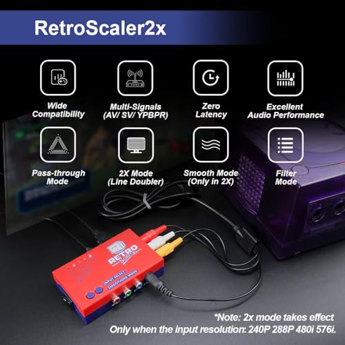 Image of RetroScaler2x AV /SV /YPBPR to HDMI Converter - Supports Line Doubler, Filter and Pass-Through Modes, Video Game Adapter with No Lag, for PS2 /N64 /Dreamcast /Saturn /MD /NGC /SFC and More (Blue)