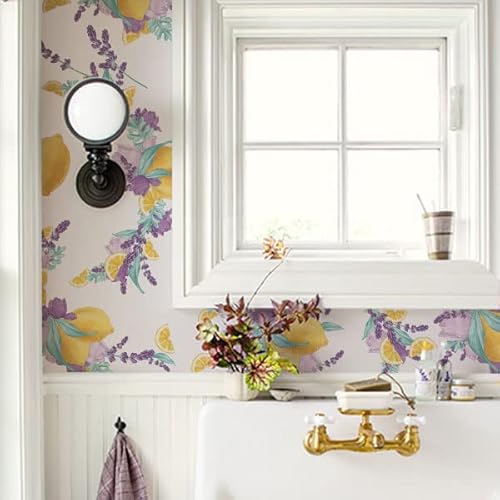 Mitoykus Large Lemon Wall Decal, Removable Fruit Lavender Floral Wall Sticker, Watercolor Pastel Lemonade Wall Art Murals For Kitchen Laundry Living Room Arch Girls Bedroom Refrigerator Decor,Yellow Purple #TOP3