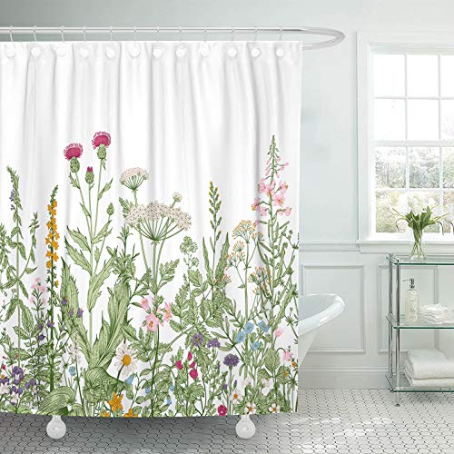 Tompop Shower Curtain Vintage Floral Border Herbs And Wild Flowers Botanical Engraving Style Colorful Field Vegetation Waterproof Polyester Fabric 72 X 78 Inches Set With Hooks #TOP5