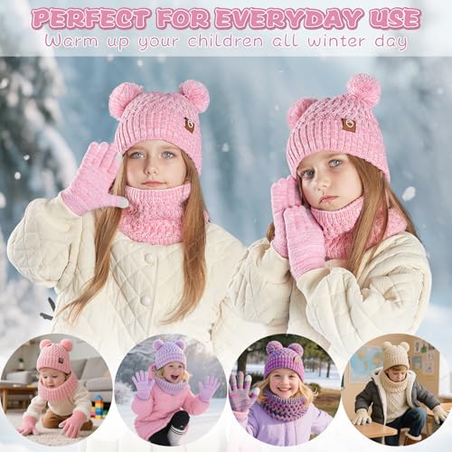 Image of Kids Winter Hat Gloves Scarf Set,Toddler Girls Winter Hat Kids Beanie with Pom Neck Warmer Gaiter Mittens Fleece Lined Set