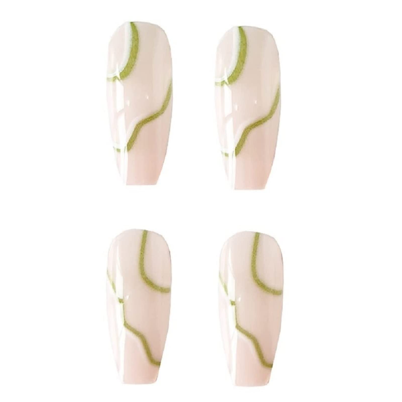 AKAZI Unghie a Pressione 24pc Primavera Nuovo Verde Bianco Linee Ondulate Ballerina Lunga Staccabile Unghie finte con Design Unghie finte indossabili Punta per Unghie a Copertura Totale