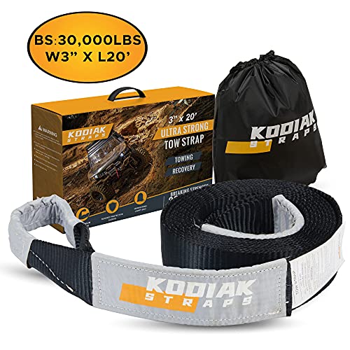 KODIAK STRAPS Tow Strap – 3 x 20ft Car Tow Straps Heavy Duty with 30000 lbs. Break Strength and Reinforced Loops Emergency Rope Off Road Recovery Equipment Towing Straps Draw String Bag Included