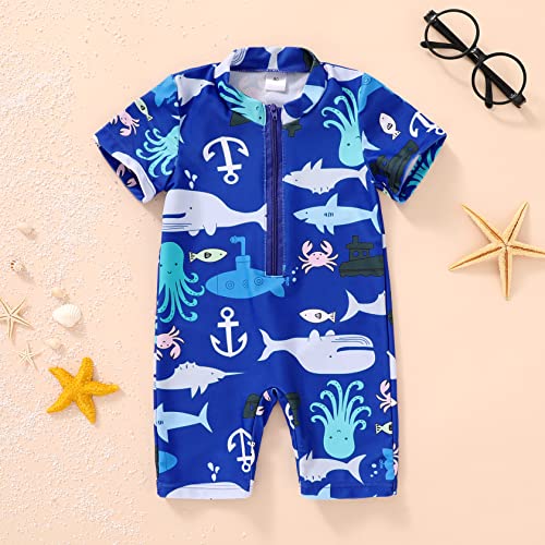 Happyma Newborn Infant Baby Boys Swimsuit One-Piece Zipper Cartoon Fish Print Bodysuit Sunsuit Swimwear Bathing Suit (Blue, 0-3 Months) #TOP1