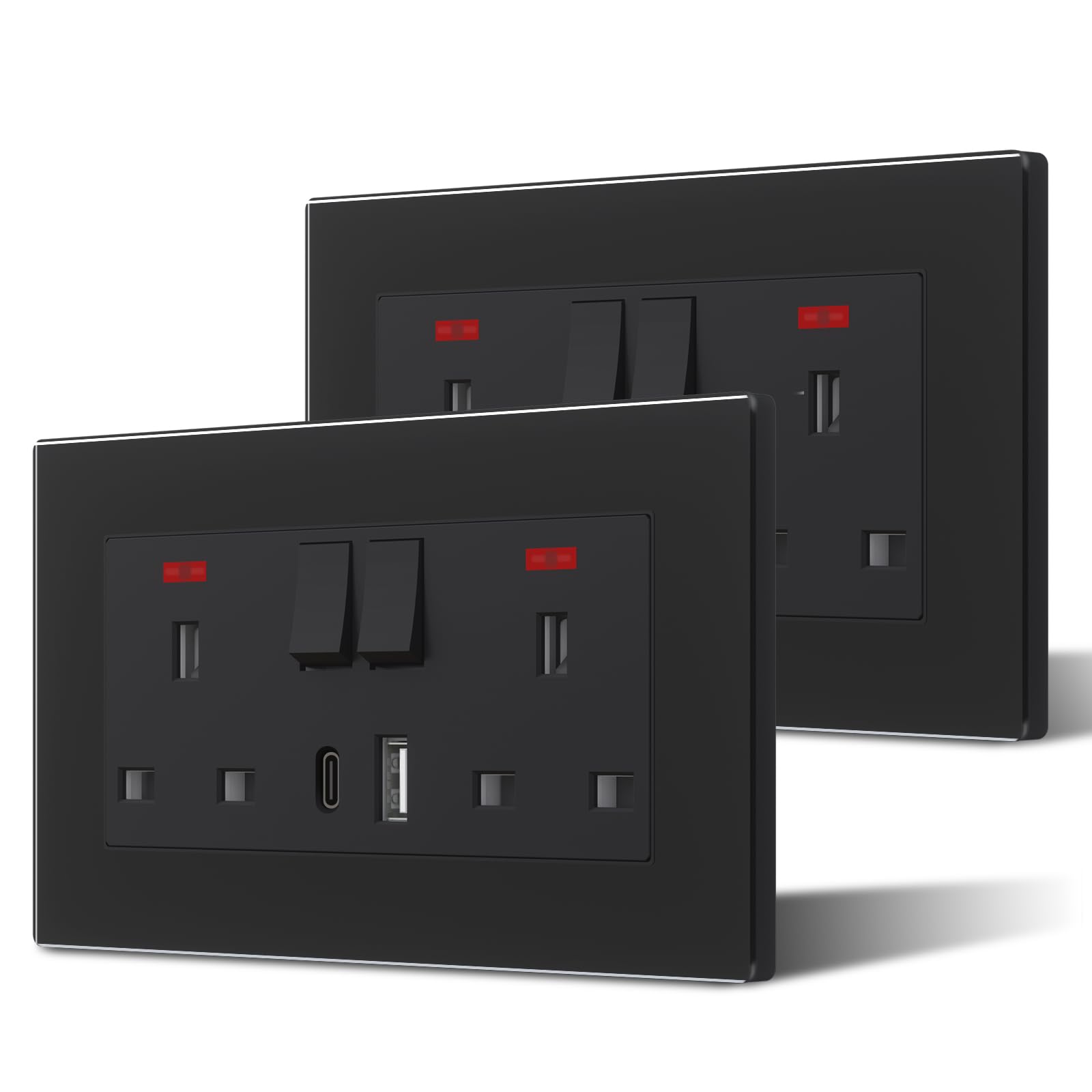 BSEED Double Plug Socket with USB C and USB A,Glass Switched Socket,UK Standard Electric Power Sockets,13A Wall Socket,Save Space,2 Gang-2 Pack,146mm Black