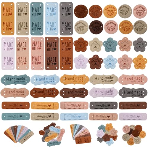Set de 50 Etiquetas Personalizadas – 5 Diseños en Cuero PU, Etiquetas Hecho a Mano para DIY, Etiquetas para Ropa Personalizadas, Cosas Personalizadas para Ropa, Bolsos, Gorros, Tejido y Ganchillo.