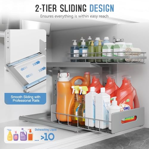 Image of Under Sink Organizer Upgrade To Professional Rails,2-Tier Dual Pull Out Cabinet Storage,Height Adjustable Slide Out Drawers For Bathroom Kitchen,2 Pack-16.7 inchDx12.8 inch-16.9 inchH,Gun Gray