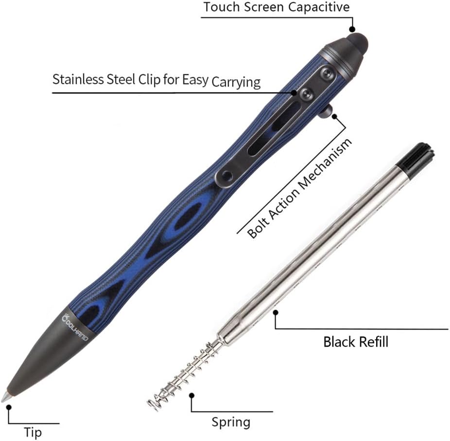 Cool Hand 5.7'' Bolt Action Pens, EDC Ballpoint Ink Refillable, Stylus for Touch Screen, G10 Body w/Pocket Clip, Ergonomic Grip, with a Free Refill, 5375-N
