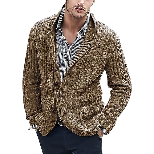 Mens Casual Cardigan Sweater Slim Fit Button Down Long Sleeve Cable Knitted Sweater Outerwear with Pockets