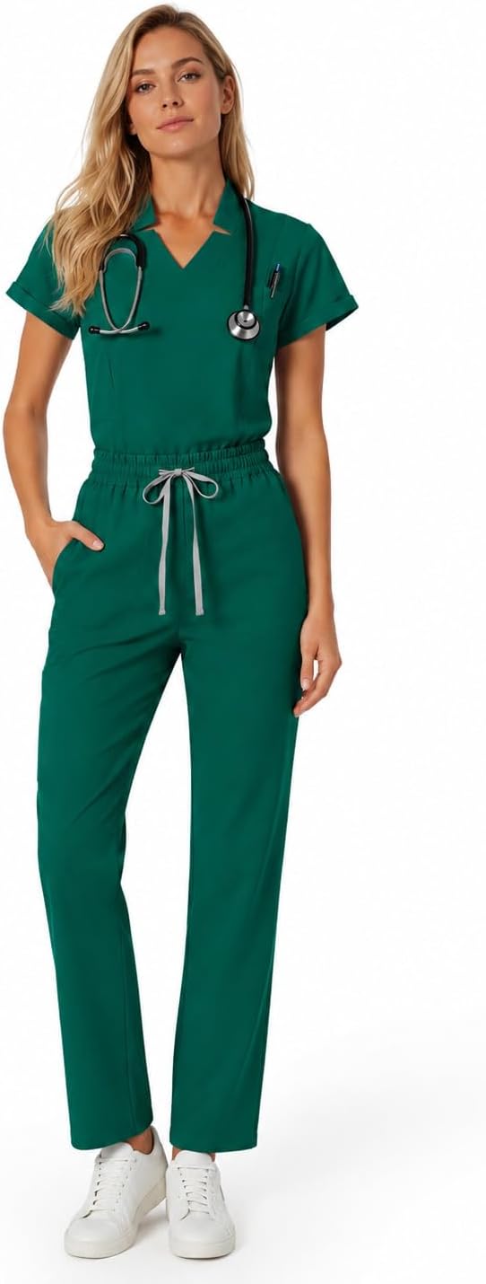 Women's Scrub Set, V-Neck Top & Straight Pants, 9 Pockets