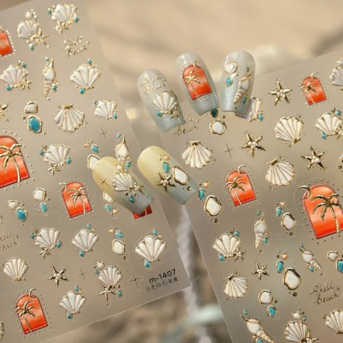 Image of Ocean Shells Nail Stickers with Gilded Design Summer Nail Art Stickers Coconut Tree Nail Decals 5D Embossed Self Adhesive Retro Style Manicure Charms Decoration for Women