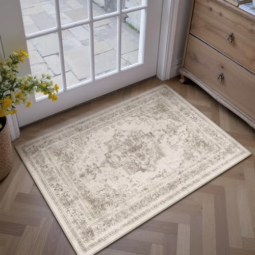 Area Rug 2x3 Beige Washable Entryway Vintage Medallion Carpet Non Slip Low Pile Soft Doormat Distressed Retro Indoor Small Rug for Kitchen Bedroom Laundry Bathroom