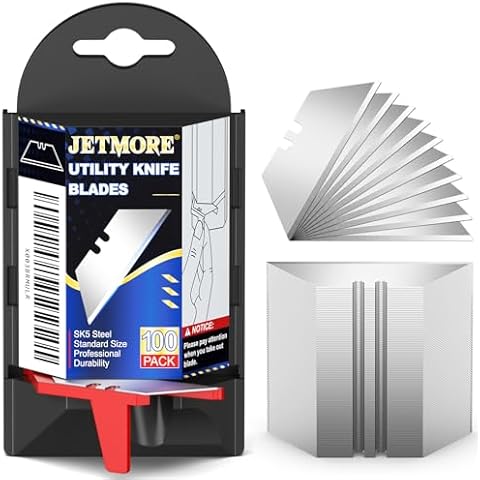 JETMORE 100 Pack Utility Knife Blades, Box Cutter Blades with Dispenser, SK5 High Carbon Steel Heavy Duty Utility Knife Replacement Blades, Standard Size Sharp Blades for Most Box Cutter Cover