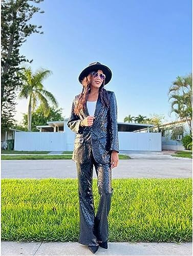 Women's Sequined Fashion Suit Set One Button 2 Piece Wedding Tuxedos Blazer Pants Prom Party Outfit4